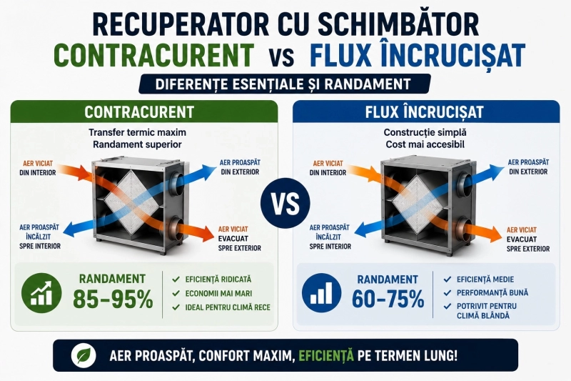 Recuperator cu schimbător contracurent vs flux încrucișat – diferențe și randament